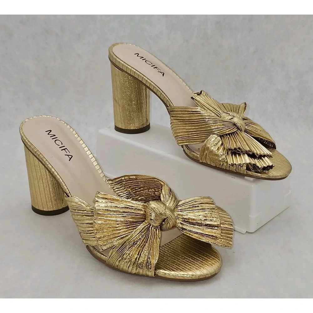NWOB MICIFA Bow Knot Heeled Sandals Open Toe High Block Chunky Heel Sz 9 EU 40
